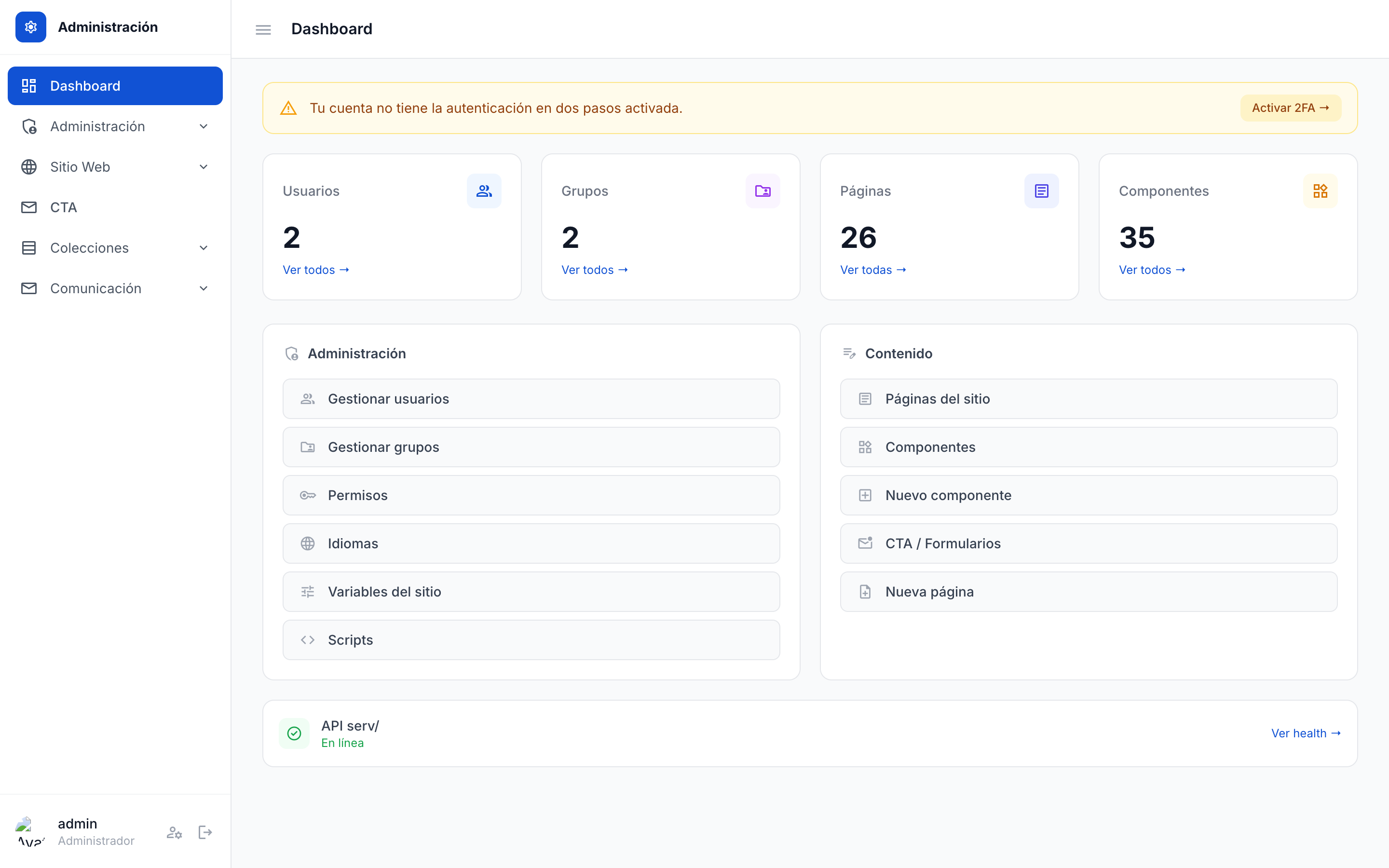 Pantalla principal del dashboard tras iniciar sesión