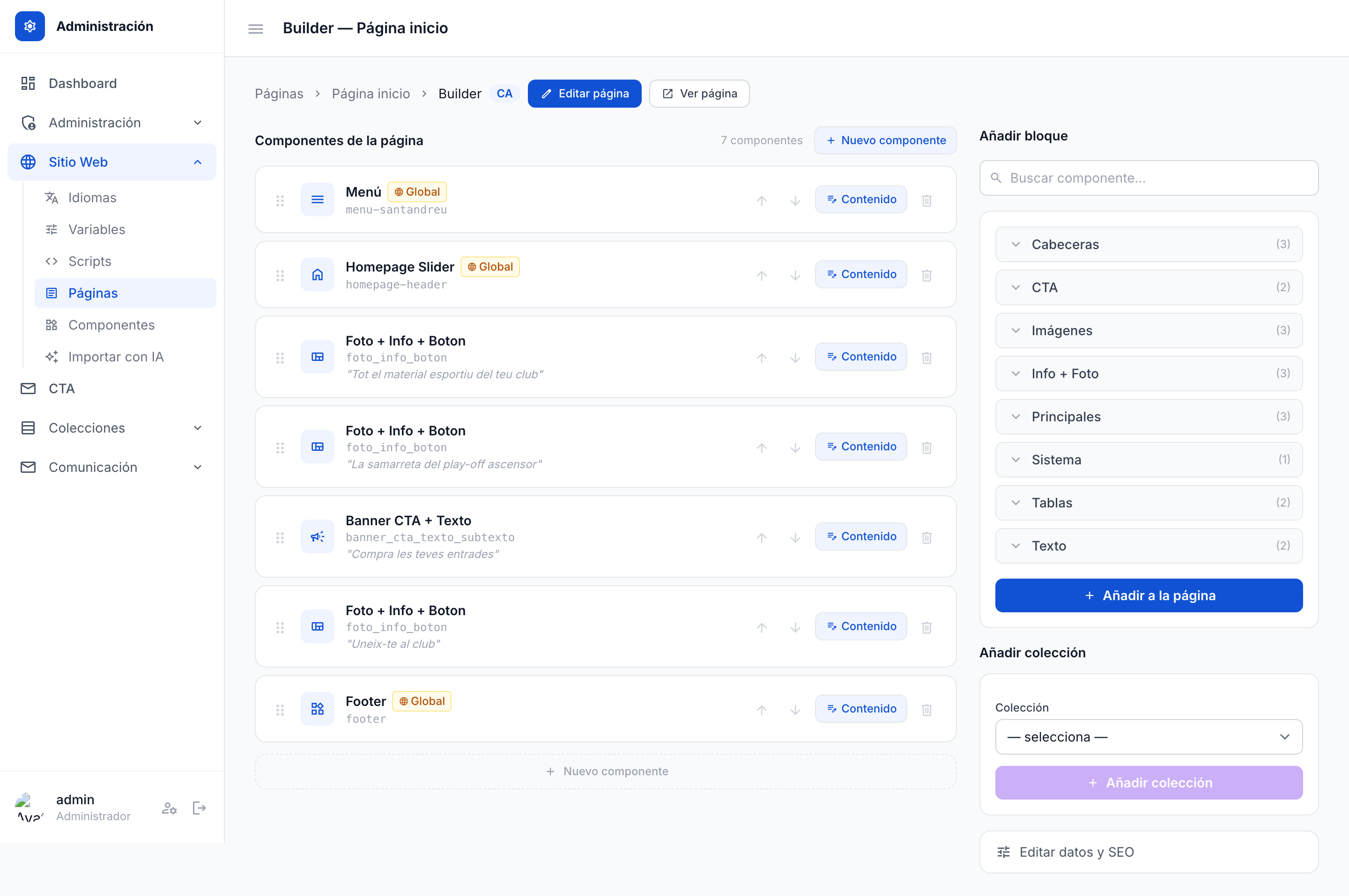 Builder de página con bloques apilados