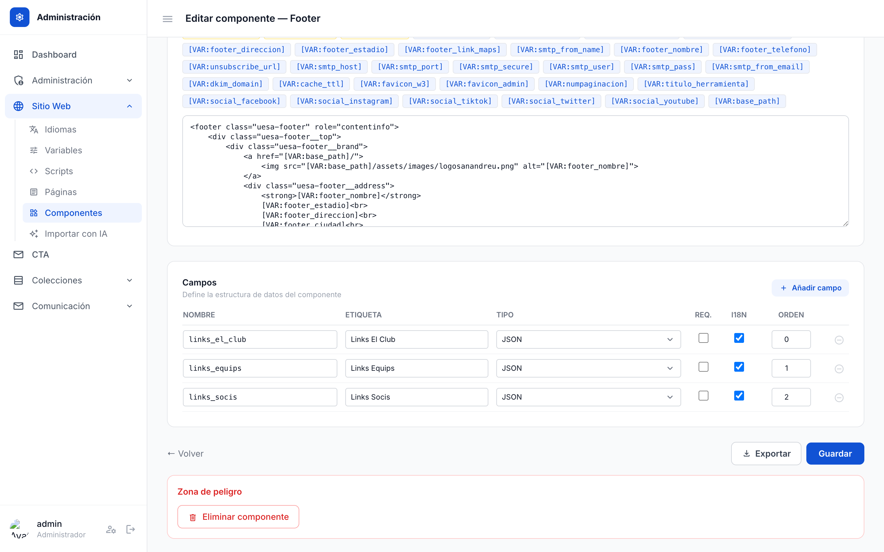 Editor del template HTML del componente