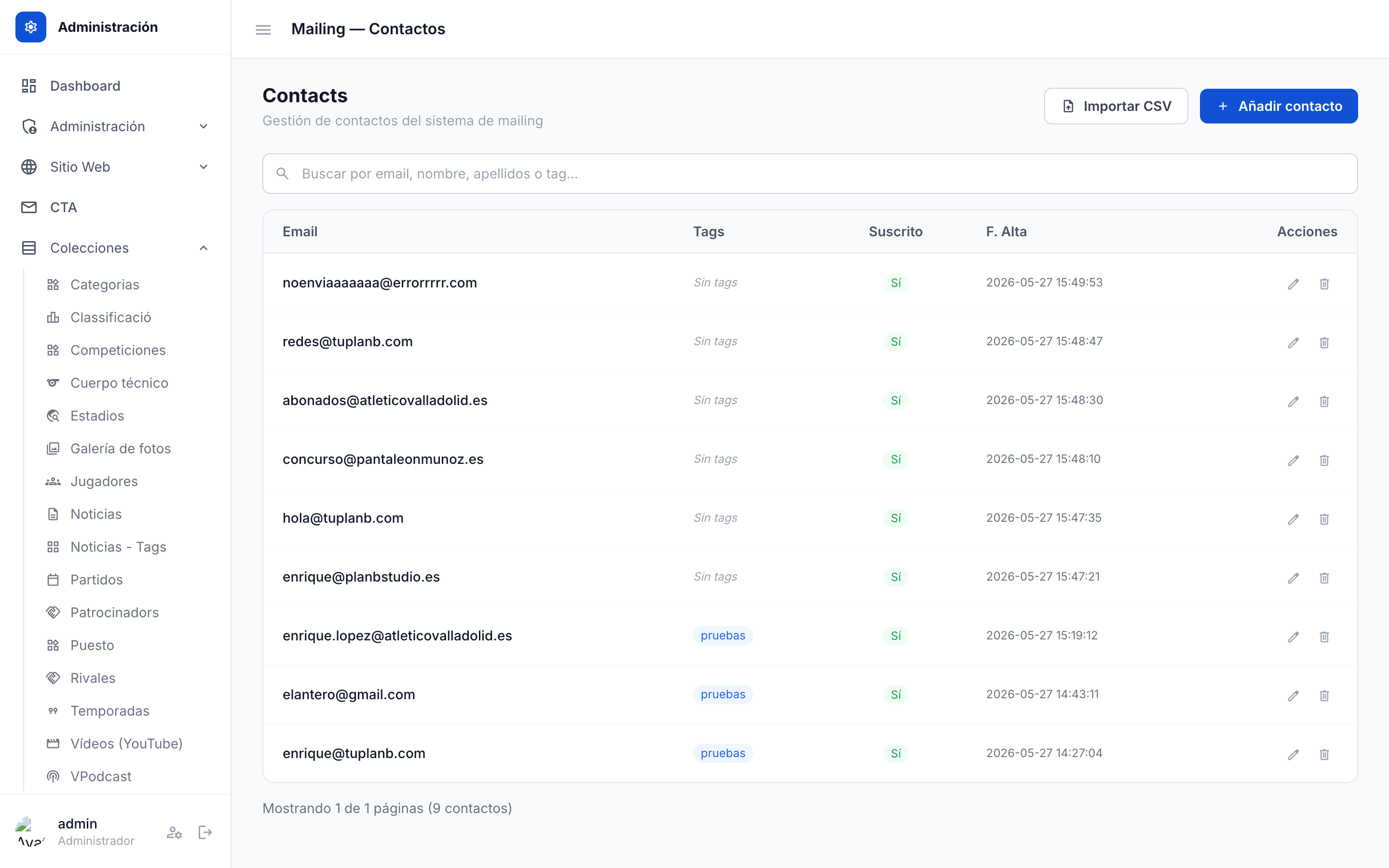 Listado y gestión de contactos de mailing